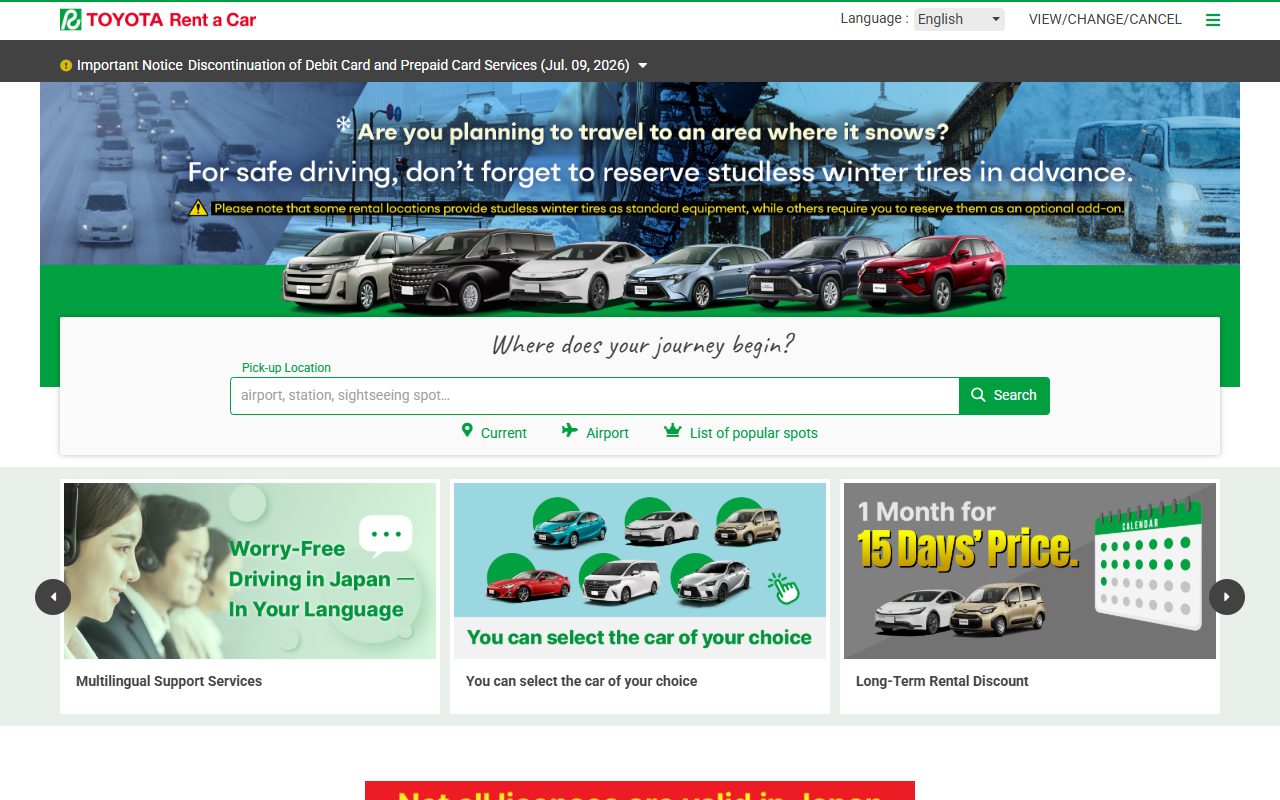Toyota Rent a Car official website top page (screenshot, October 2026)